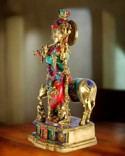 Krishna With Cow 29 inches brass idol with stonework