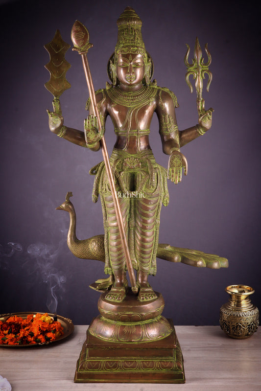 Vintage Brass Lord Kartikeya Murugan Kumarswamy Large Statue – Bronze Tone 37"