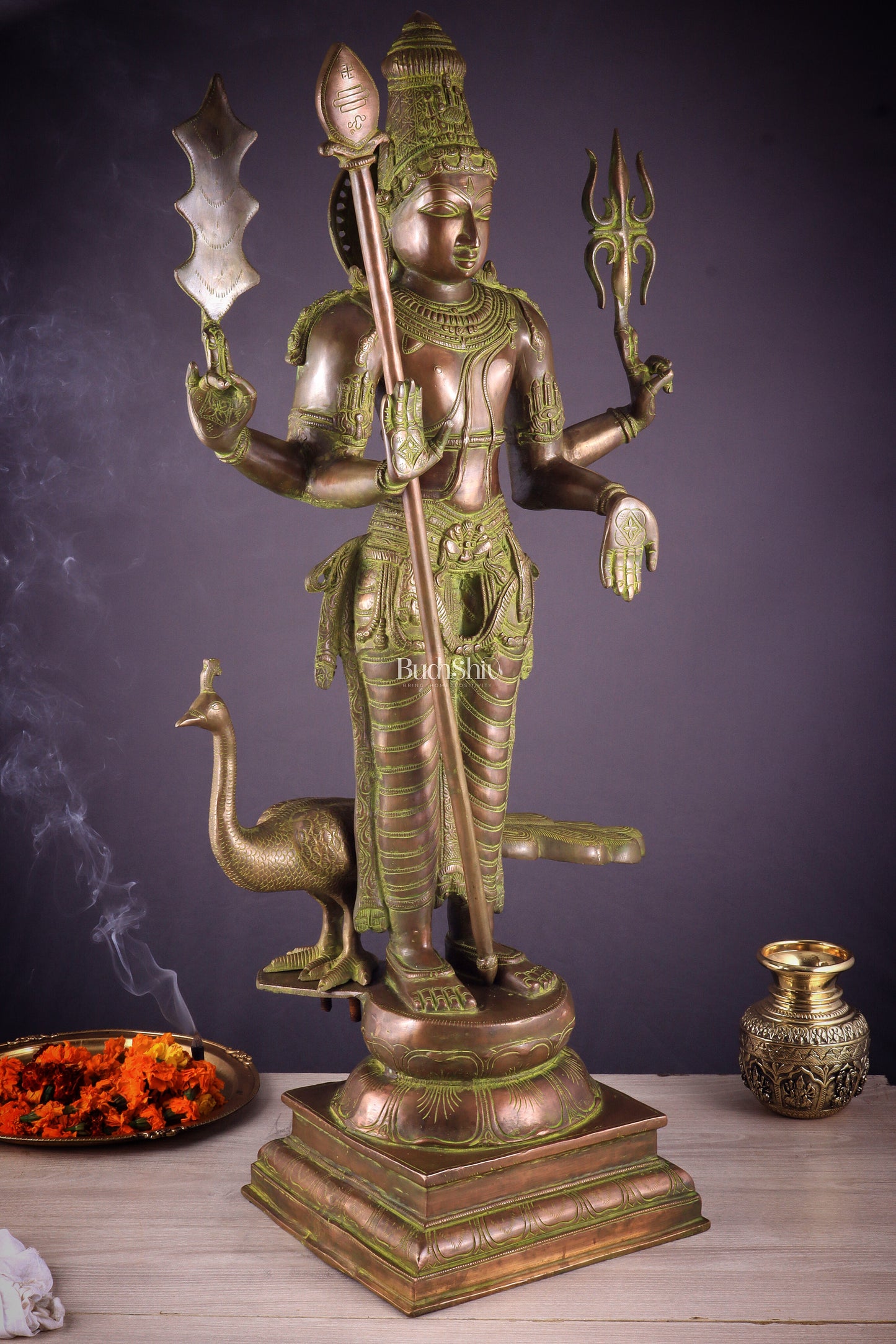 Vintage Brass Lord Kartikeya Murugan Kumarswamy Large Statue – Bronze Tone 37"