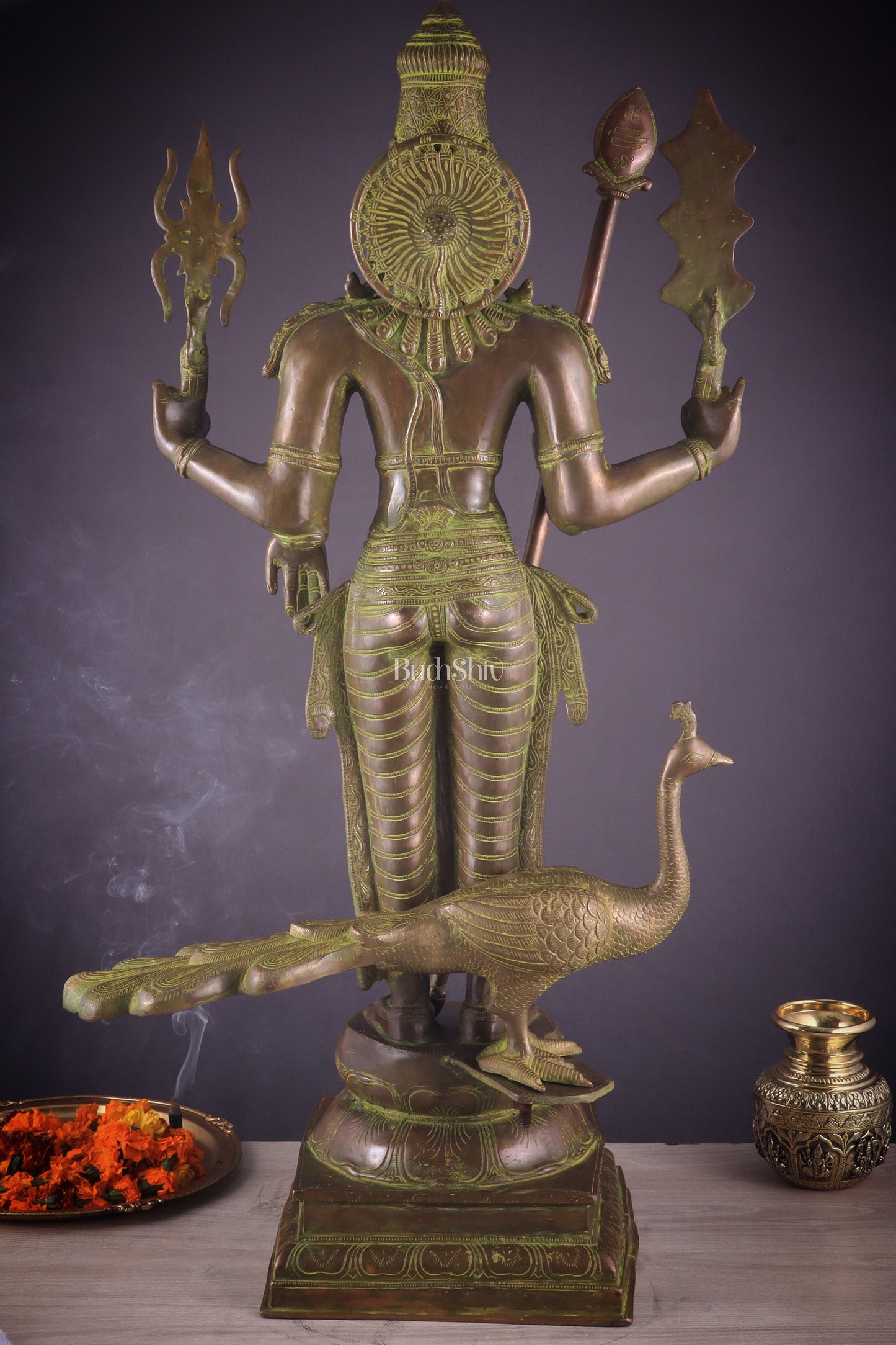 Vintage Brass Lord Kartikeya Murugan Kumarswamy Large Statue – Bronze Tone 37"