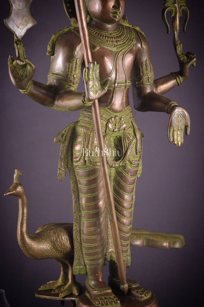 Vintage Brass Lord Kartikeya Murugan Kumarswamy Large Statue – Bronze Tone 37"