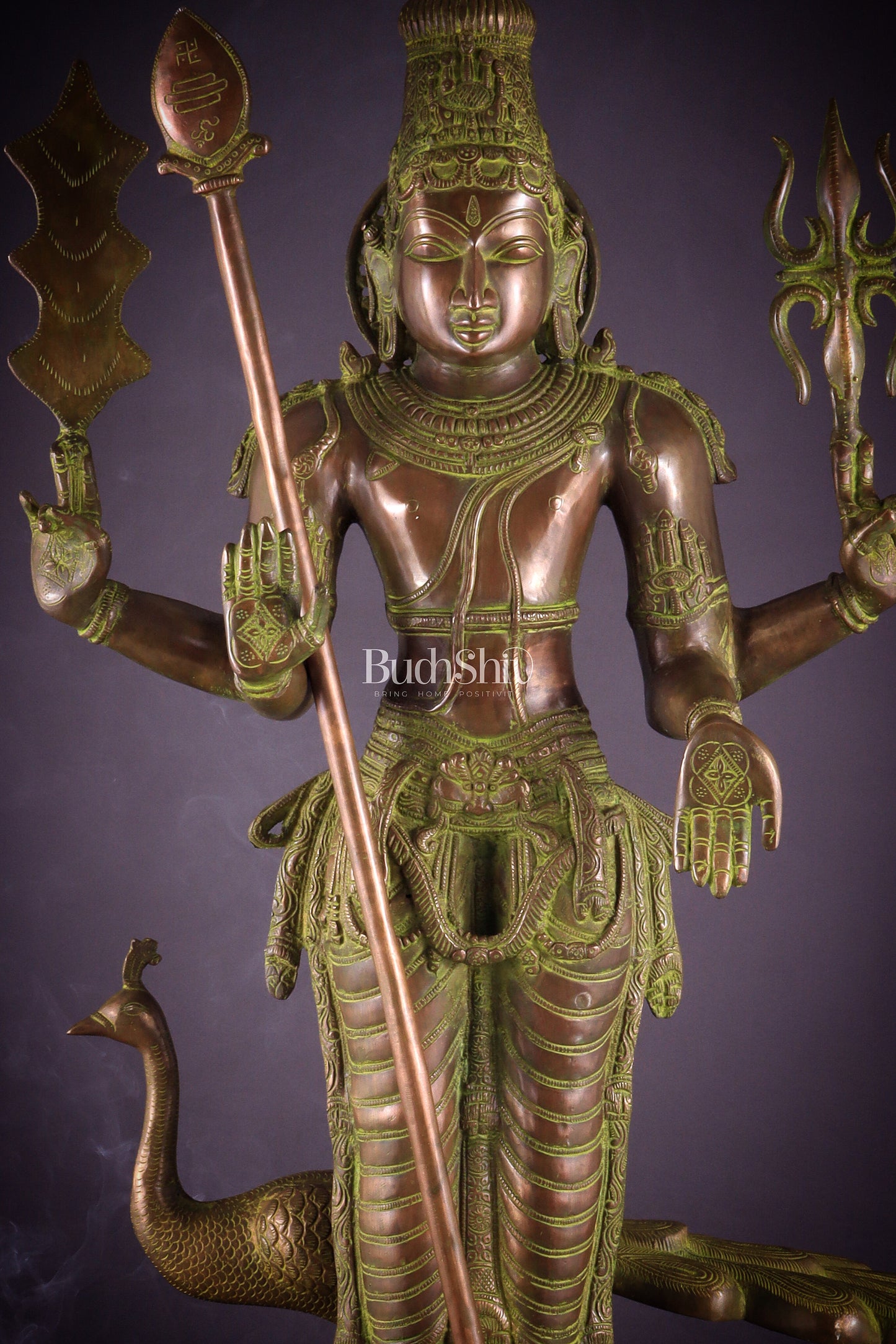 Vintage Brass Lord Kartikeya Murugan Kumarswamy Large Statue – Bronze Tone 37"