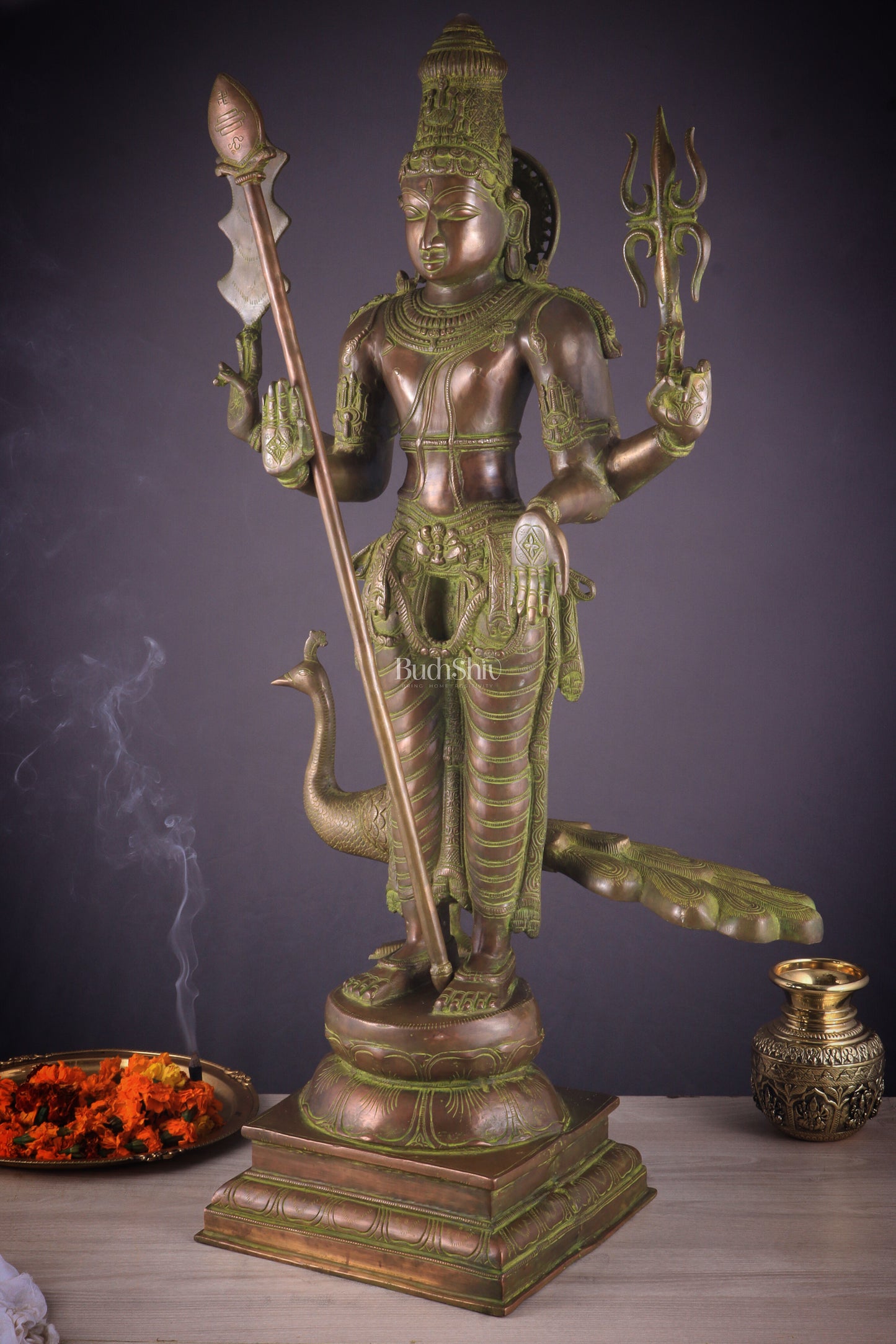 Vintage Brass Lord Kartikeya Murugan Kumarswamy Large Statue – Bronze Tone 37"