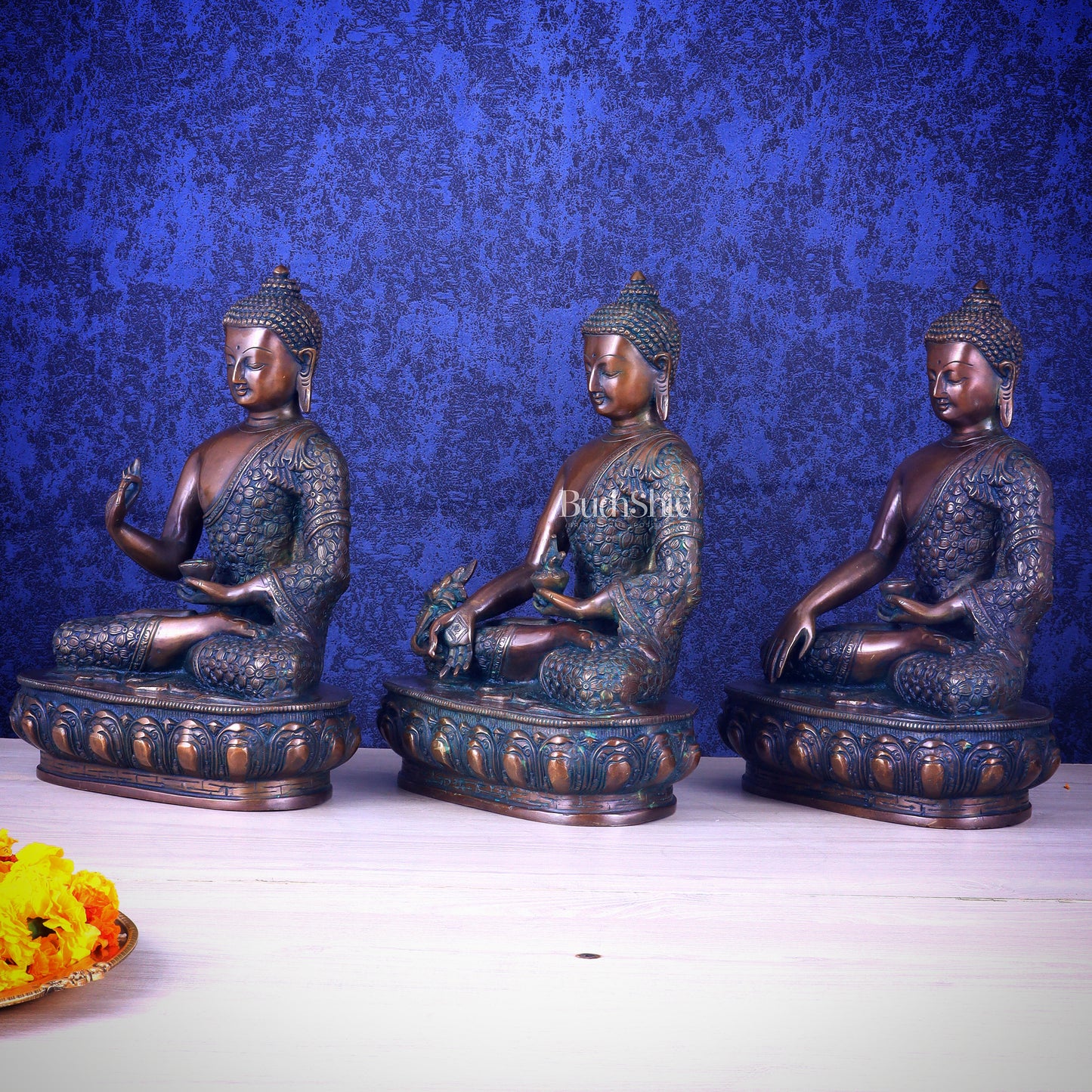 Set of Three Brass Buddha Statues –  13.5"