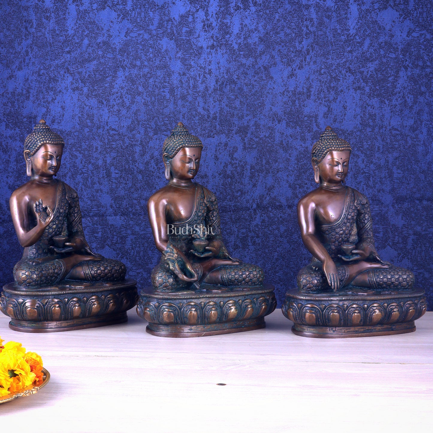 Set of Three Brass Buddha Statues –  13.5"