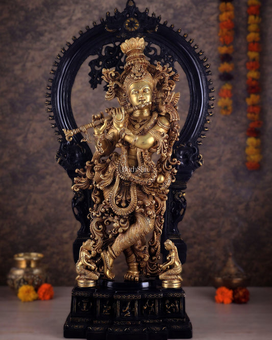 Superfine Brass dual tone Krishna Statue | Embossed Prabhaval 32"