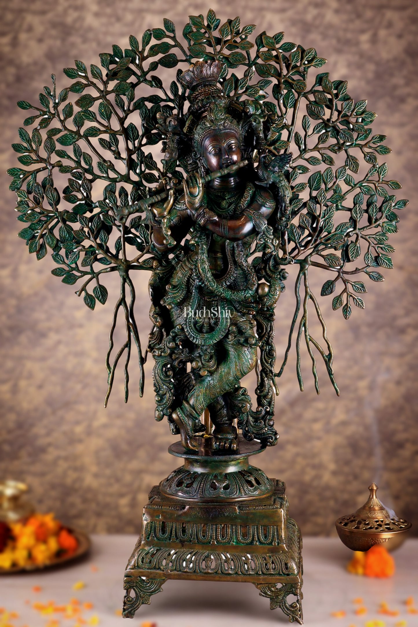 Brass Krishna with Kalpavriksha tree statue - 35" bronze tone antique