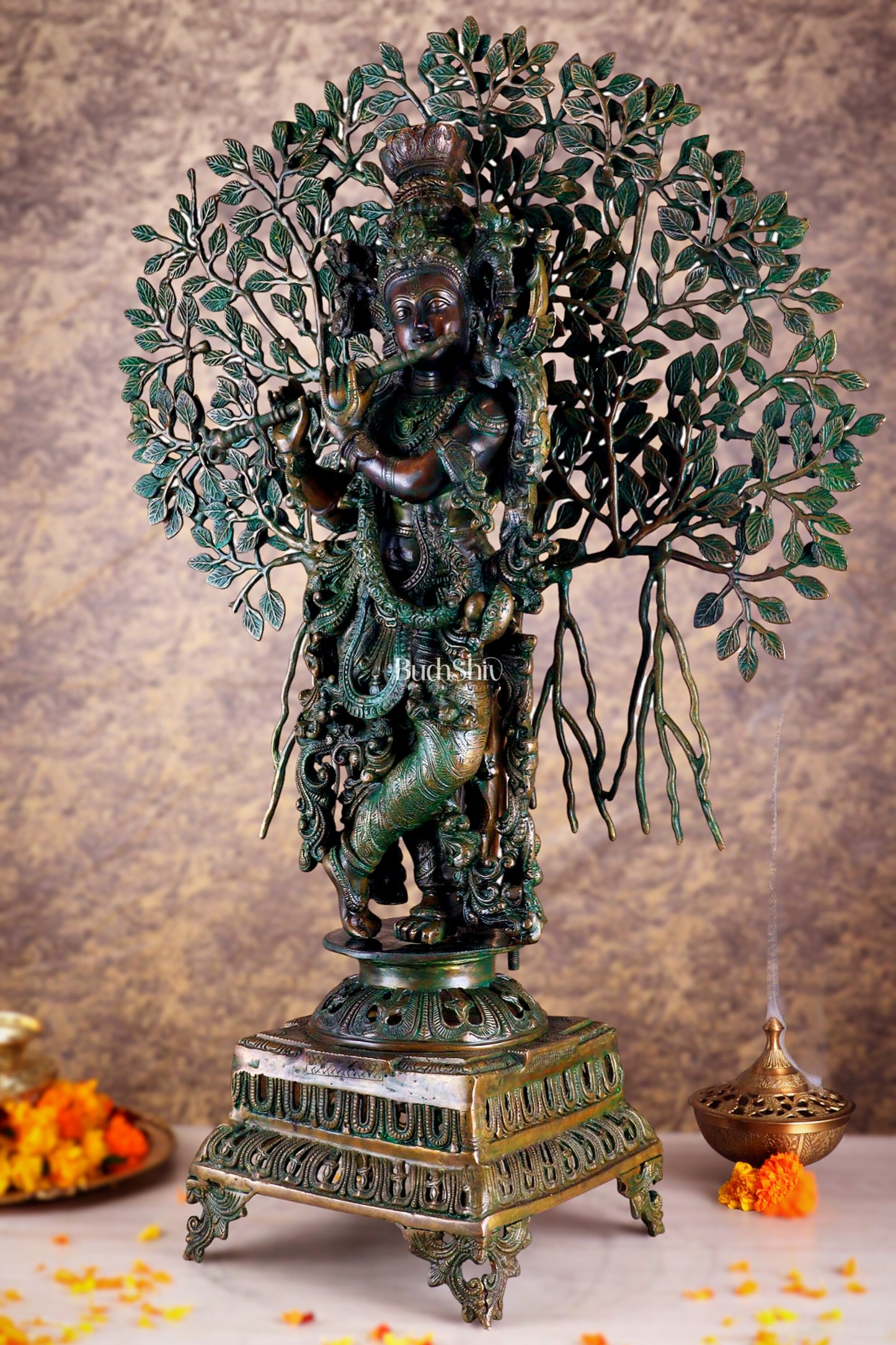 Brass Krishna with Kalpavriksha tree statue - 35" bronze tone antique