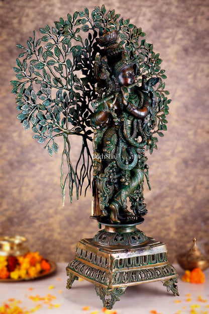 Brass Krishna with Kalpavriksha tree statue - 35" bronze tone antique