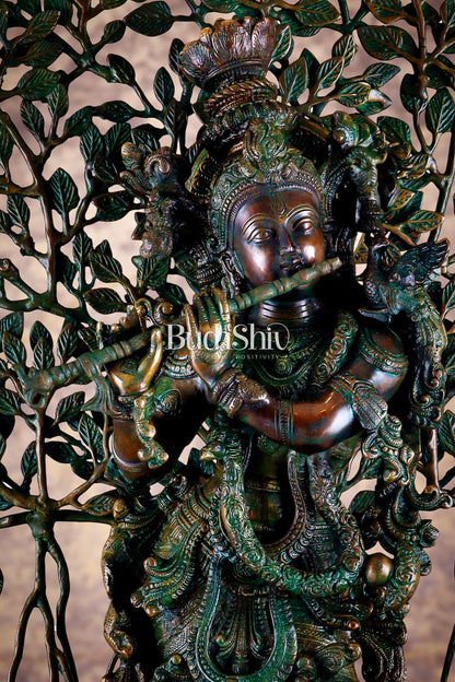 Brass Krishna with Kalpavriksha tree statue - 35" bronze tone antique