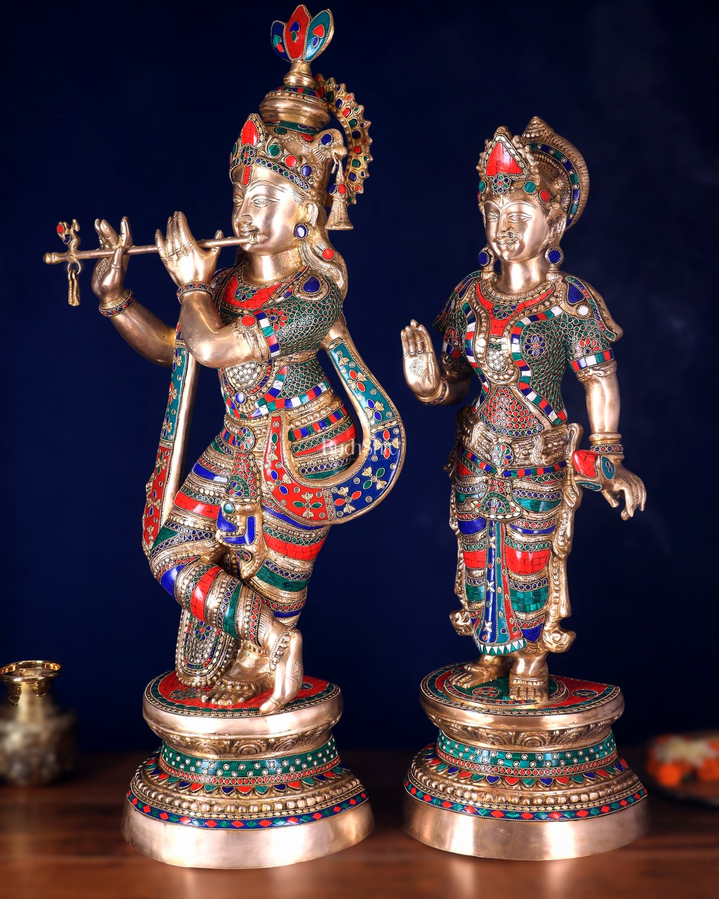 Large Brass Radha Krishna Statues - 36" Height, stonework