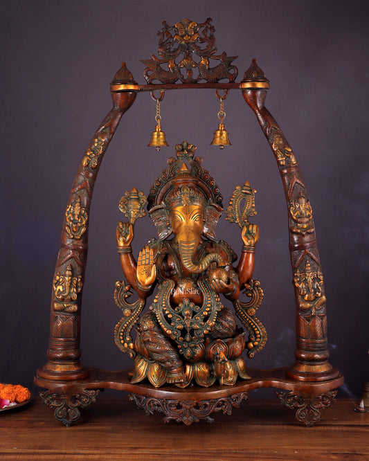 Brass Lord Ganesha Sculpture with Engraved temple Pillars - 35 Inch