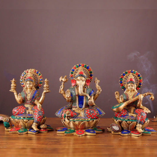 Pure Brass Ganesh Lakshmi Saraswati idols Set - 12" meenakari idols