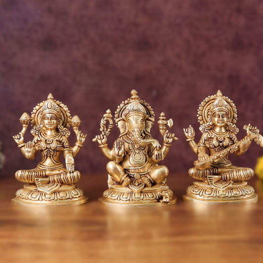 Pure Brass Ganesha, Lakshmi, Saraswati Idols Set of Three - 7.5"