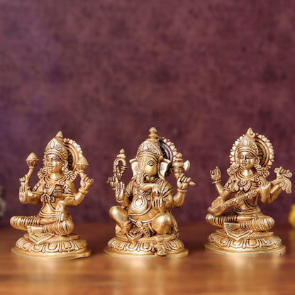 Pure Brass Ganesha, Lakshmi, Saraswati Idols Set of Three - 7.5"