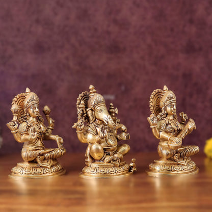 Pure Brass Ganesha, Lakshmi, Saraswati Idols Set of Three - 7.5"