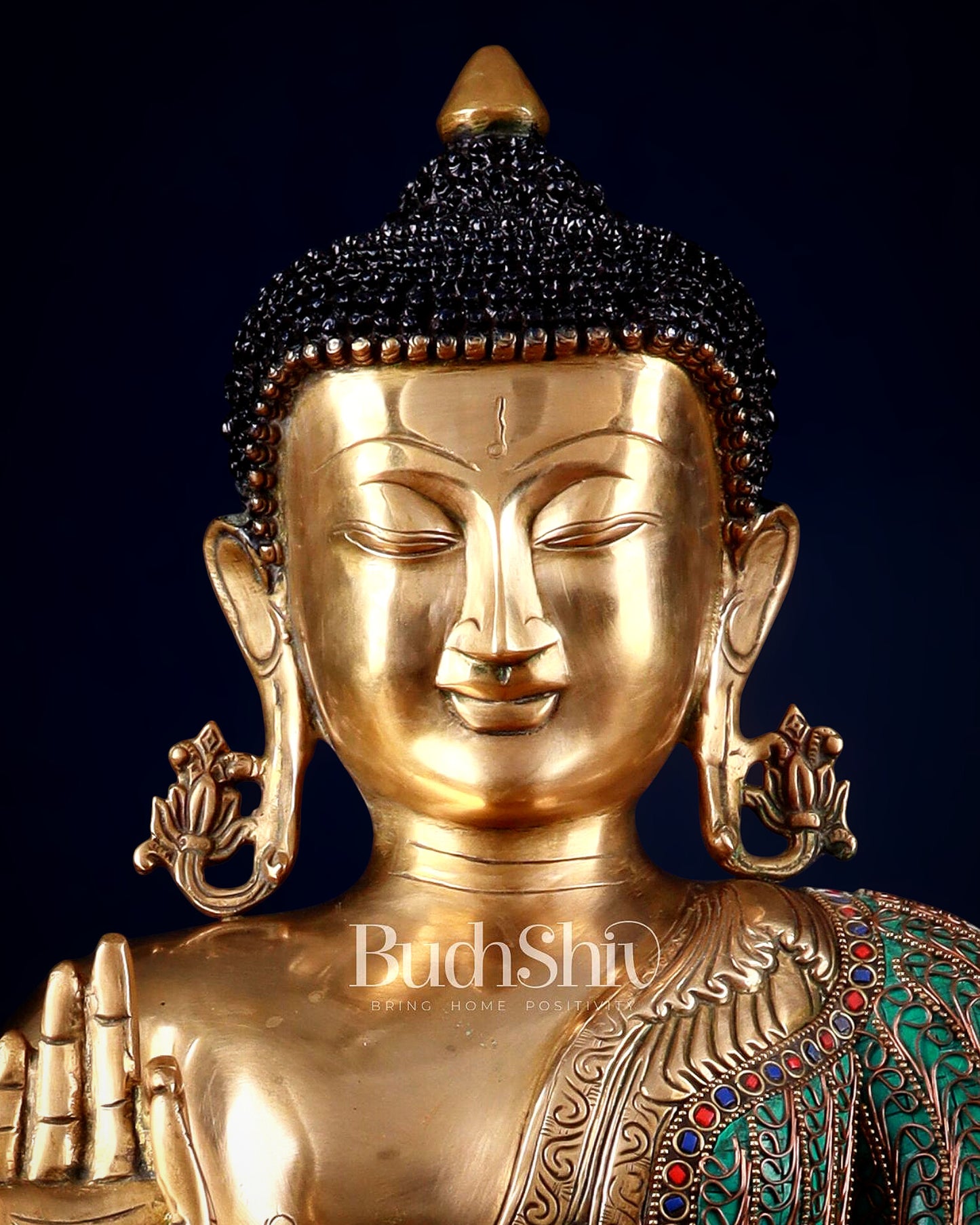 Brass Buddha Idol with Copper Wire Meenakari Work & Black Hair – 20"