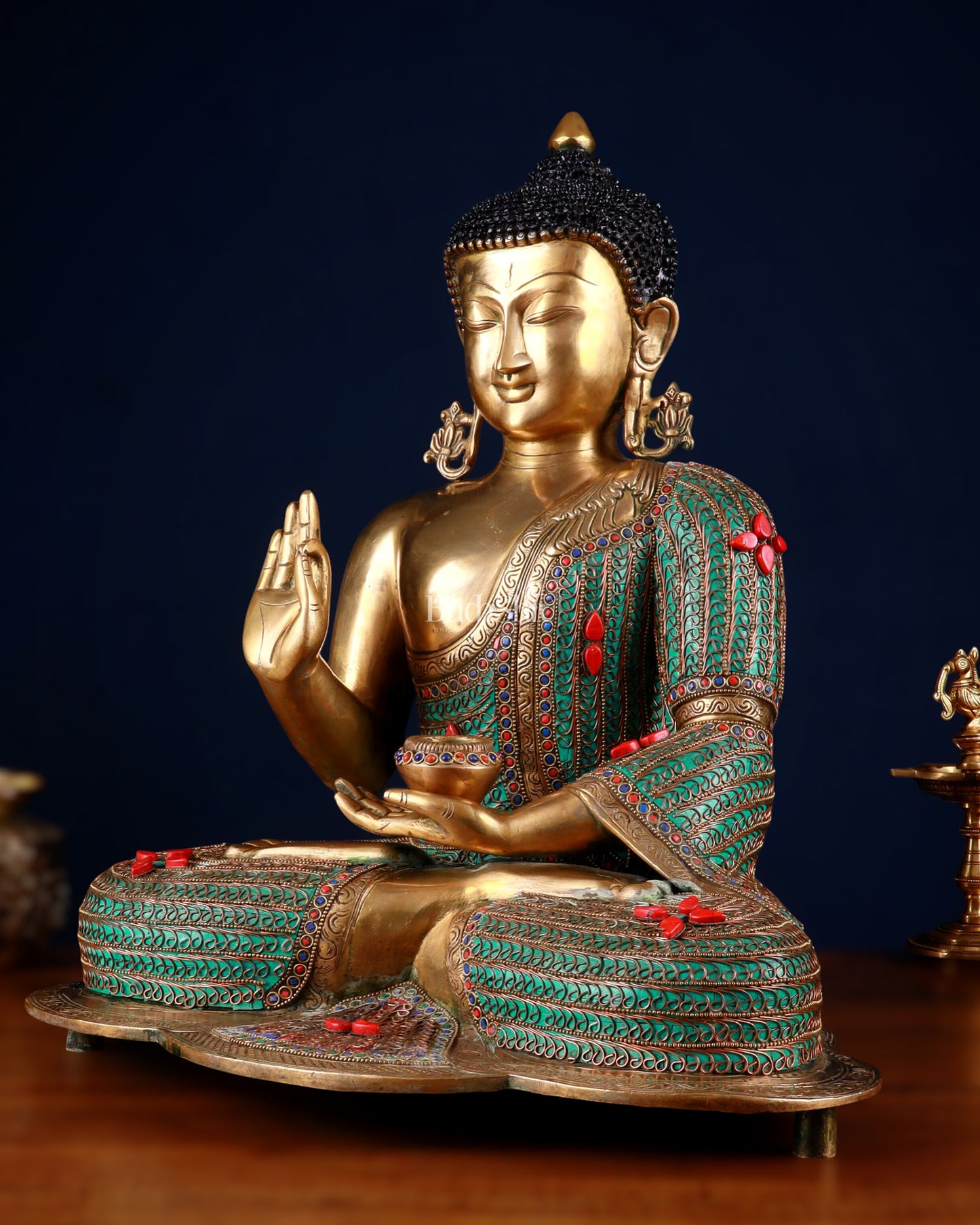 Brass Buddha Idol with Copper Wire Meenakari Work & Black Hair – 20"