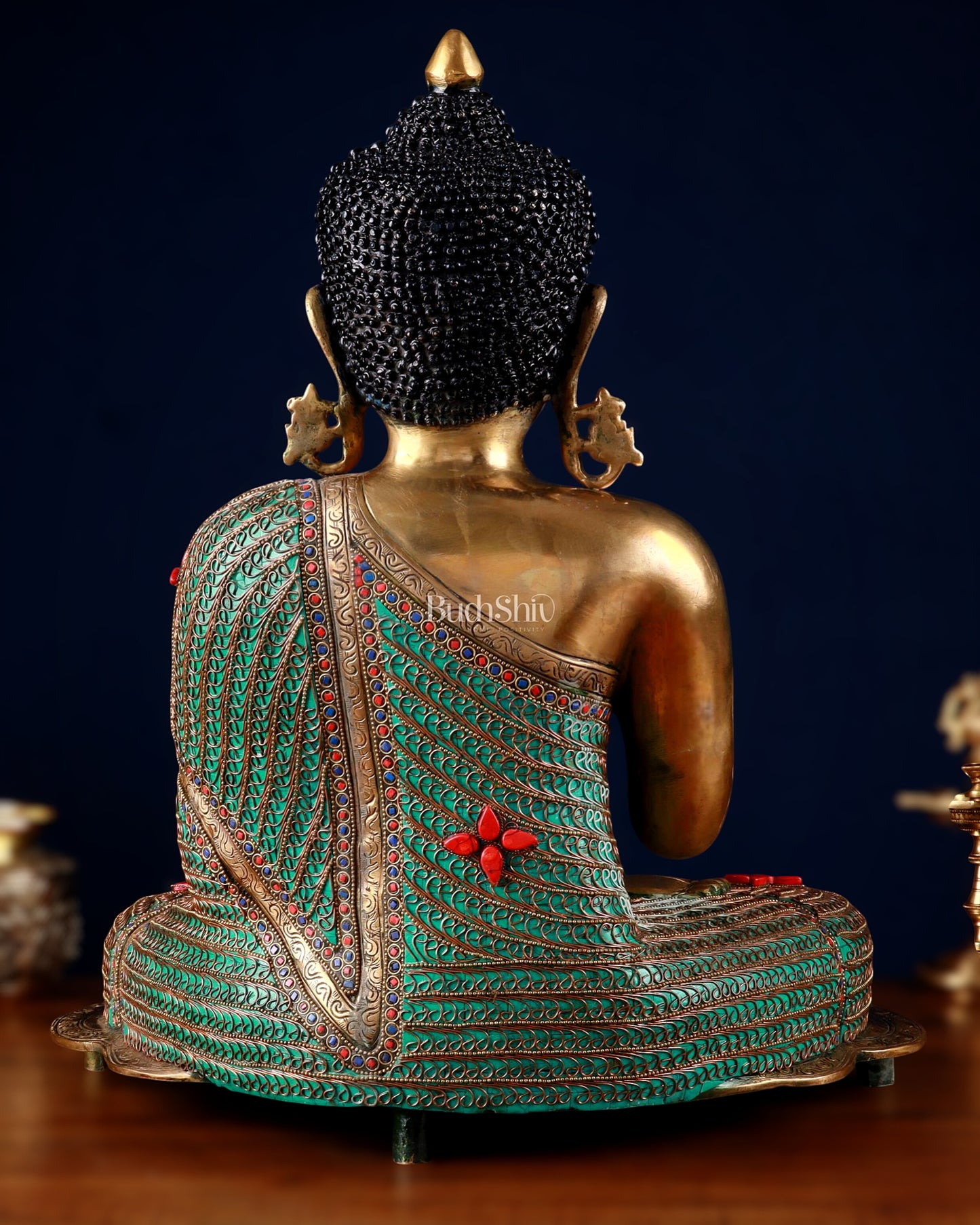 Brass Buddha Idol with Copper Wire Meenakari Work & Black Hair – 20"