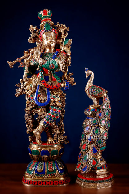 Brass Krishna Idol & Large Peacock Showpiece with meenakari Stonework