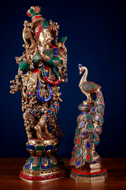 Brass Krishna Idol & Large Peacock Showpiece with meenakari Stonework