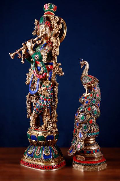 Brass Krishna Idol & Large Peacock Showpiece with meenakari Stonework