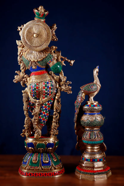 Brass Krishna Idol & Large Peacock Showpiece with meenakari Stonework