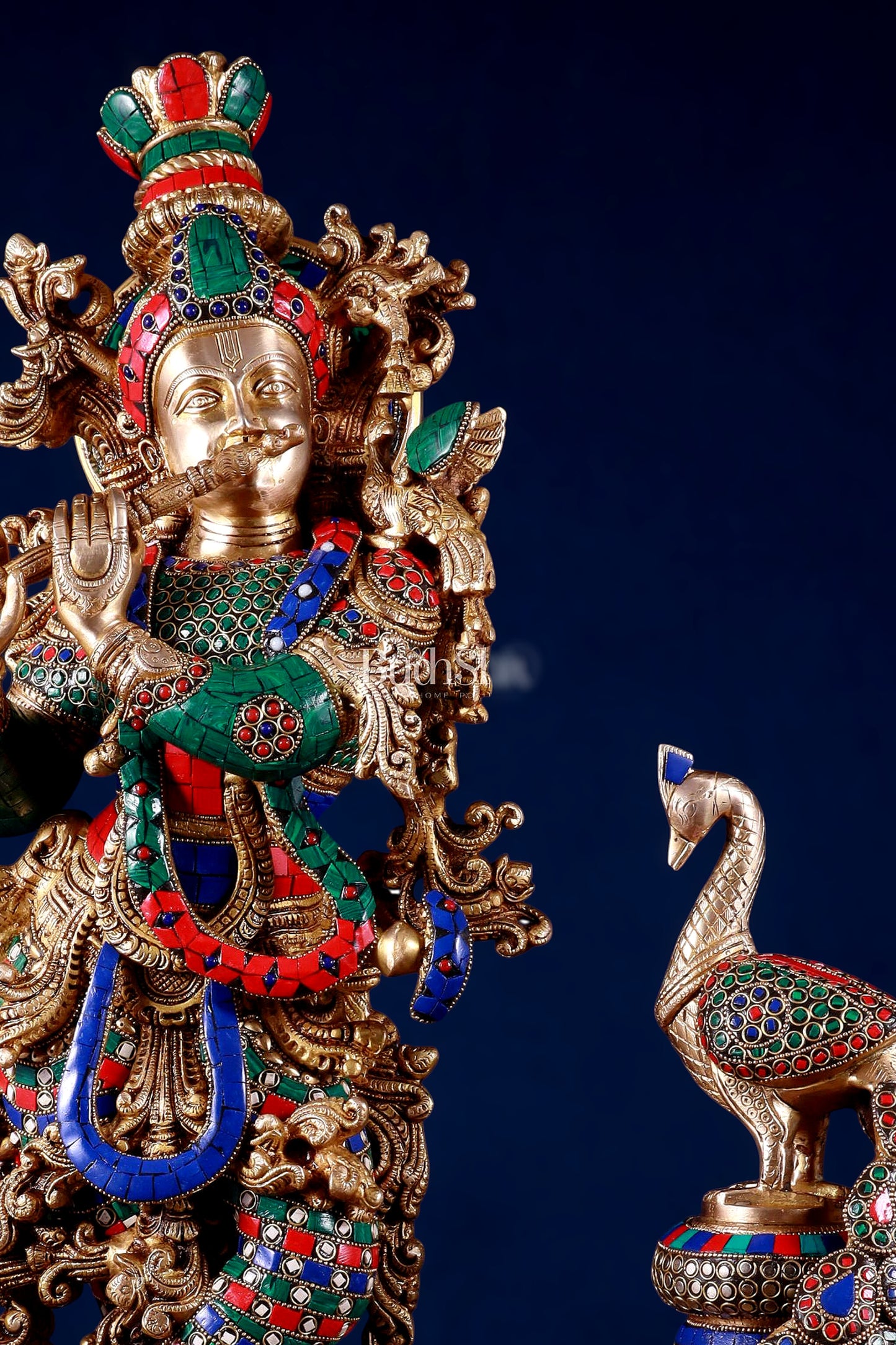 Brass Krishna Idol & Large Peacock Showpiece with meenakari Stonework