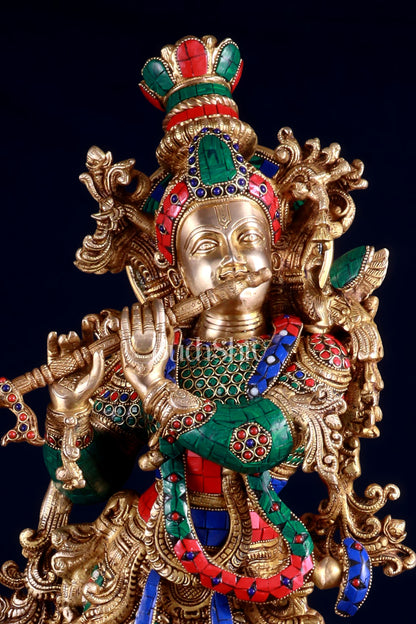 Brass Krishna statue large 30 inch with stonework