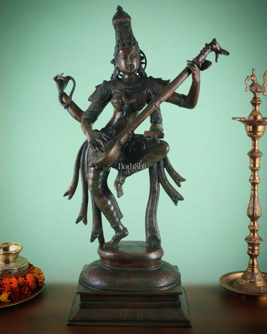 Brass Dancing Saraswati Idol 32" added copper