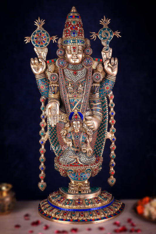 Pure Brass Lord Tirupati Balaji Statue with Goddess Padmavathi Engraved - 34.5 Inch meenakari