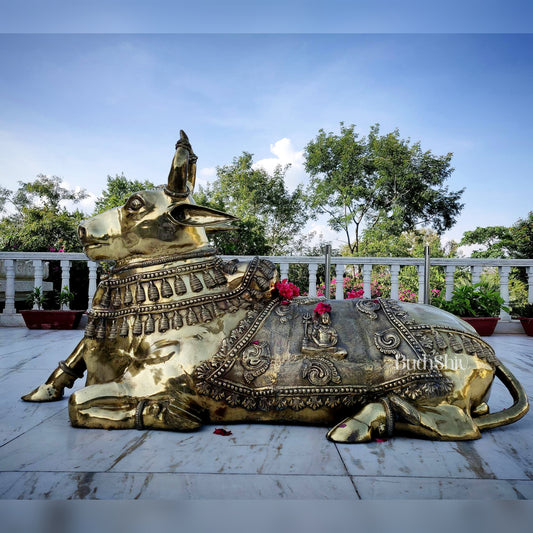 Brass Nandi Statue with Lord Shiva Carvings – Massive 44"x81"x35", 145 kg