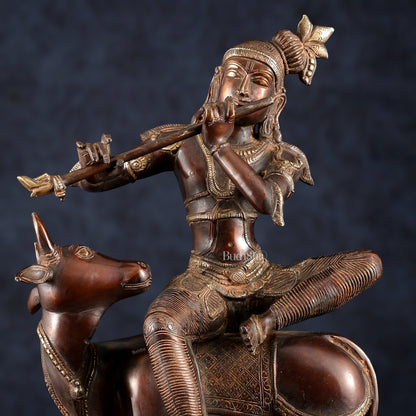 Brass Krishna Seated on Cow Statue Vintage Copper tone  | 21"