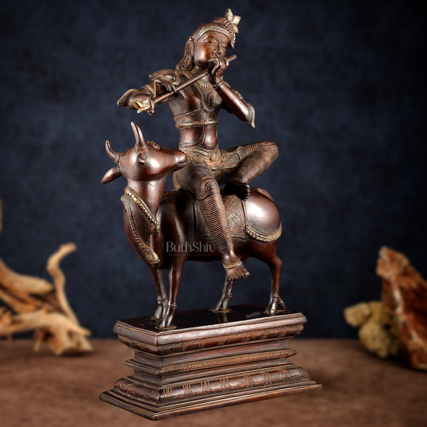 Brass Krishna Seated on Cow Statue Vintage Copper tone  | 21"