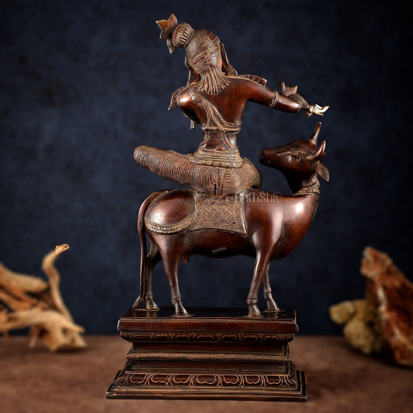 Brass Krishna Seated on Cow Statue Vintage Copper tone  | 21"