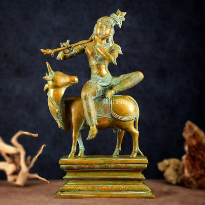 Brass Venugopal Krishna Seated on Cow Statue Vintage bronze tone  | 21"