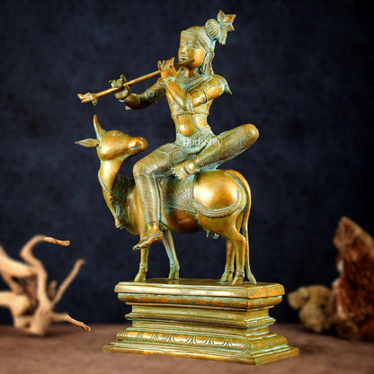 Brass Venugopal Krishna Seated on Cow Statue Vintage bronze tone  | 21"