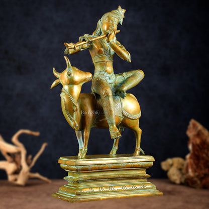 Brass Venugopal Krishna Seated on Cow Statue Vintage bronze tone  | 21"