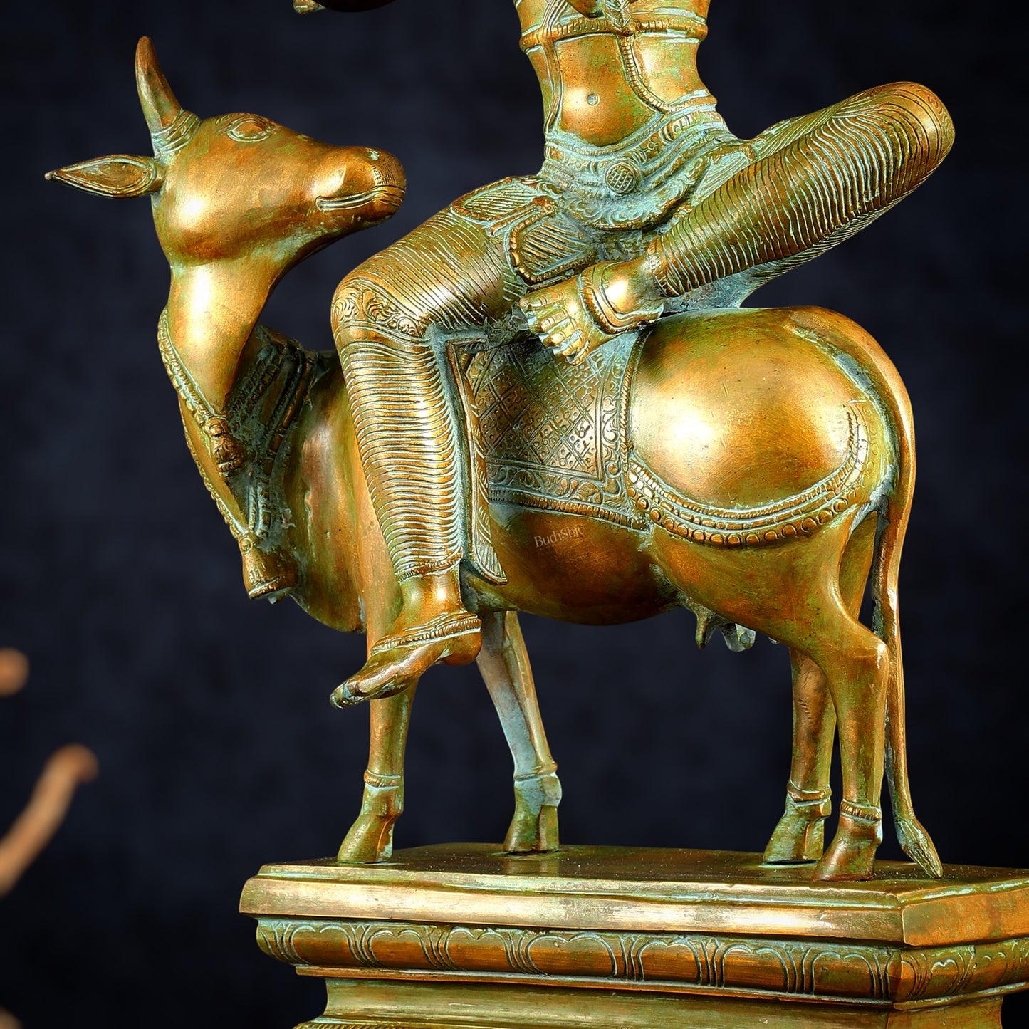 Brass Venugopal Krishna Seated on Cow Statue Vintage bronze tone  | 21"