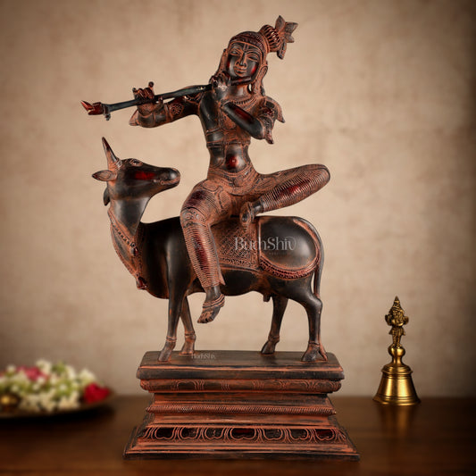 Brass Venugopal Krishna Seated on Cow Statue | 21x12.5x7.5 Inch