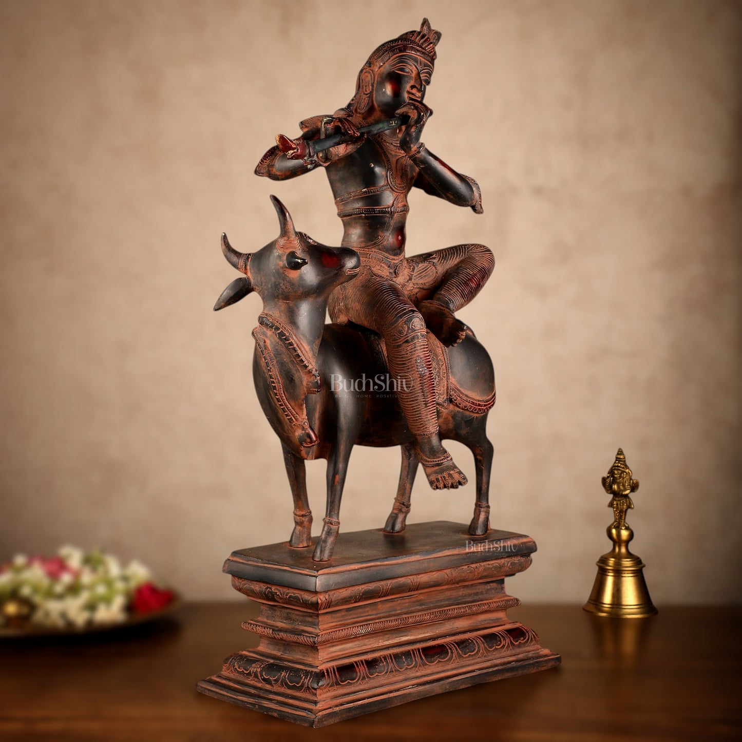 Brass Venugopal Krishna Seated on Cow Statue | 21x12.5x7.5 Inch