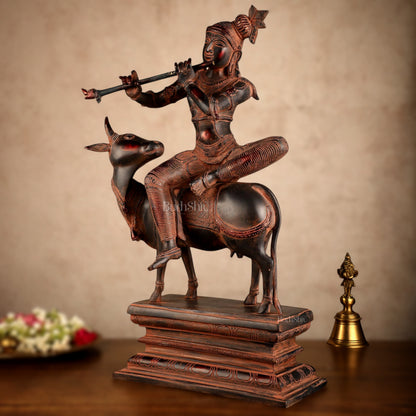 Brass Venugopal Krishna Seated on Cow Statue | 21x12.5x7.5 Inch