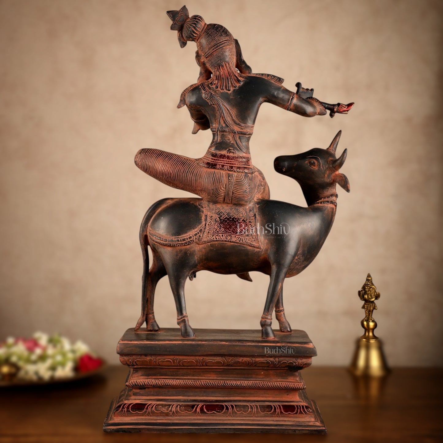 Brass Venugopal Krishna Seated on Cow Statue | 21x12.5x7.5 Inch