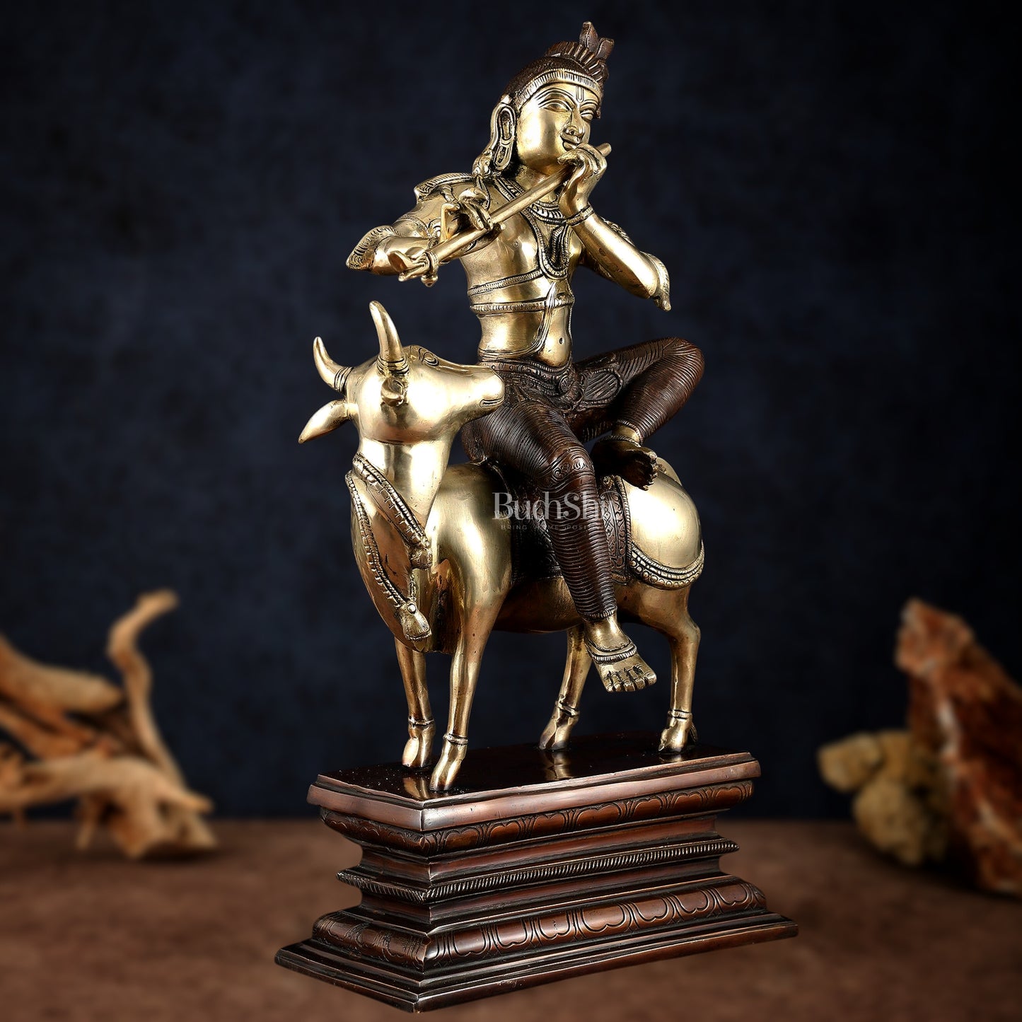 Elegant Lord Krishna Seated on Cow Statue Vintage Dual tone  | 21"