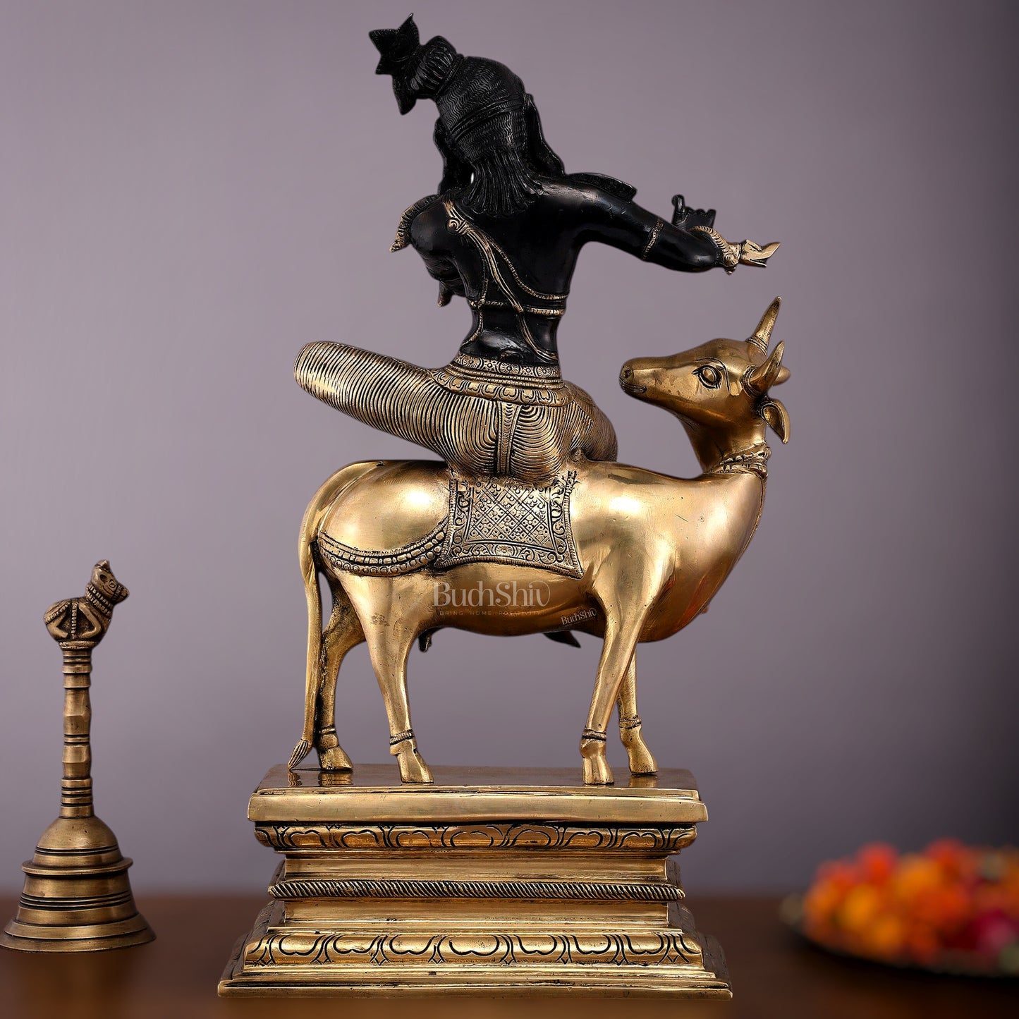 Brass Venugopal Krishna on Cow Statue - 21" Height with Black Gold Finish