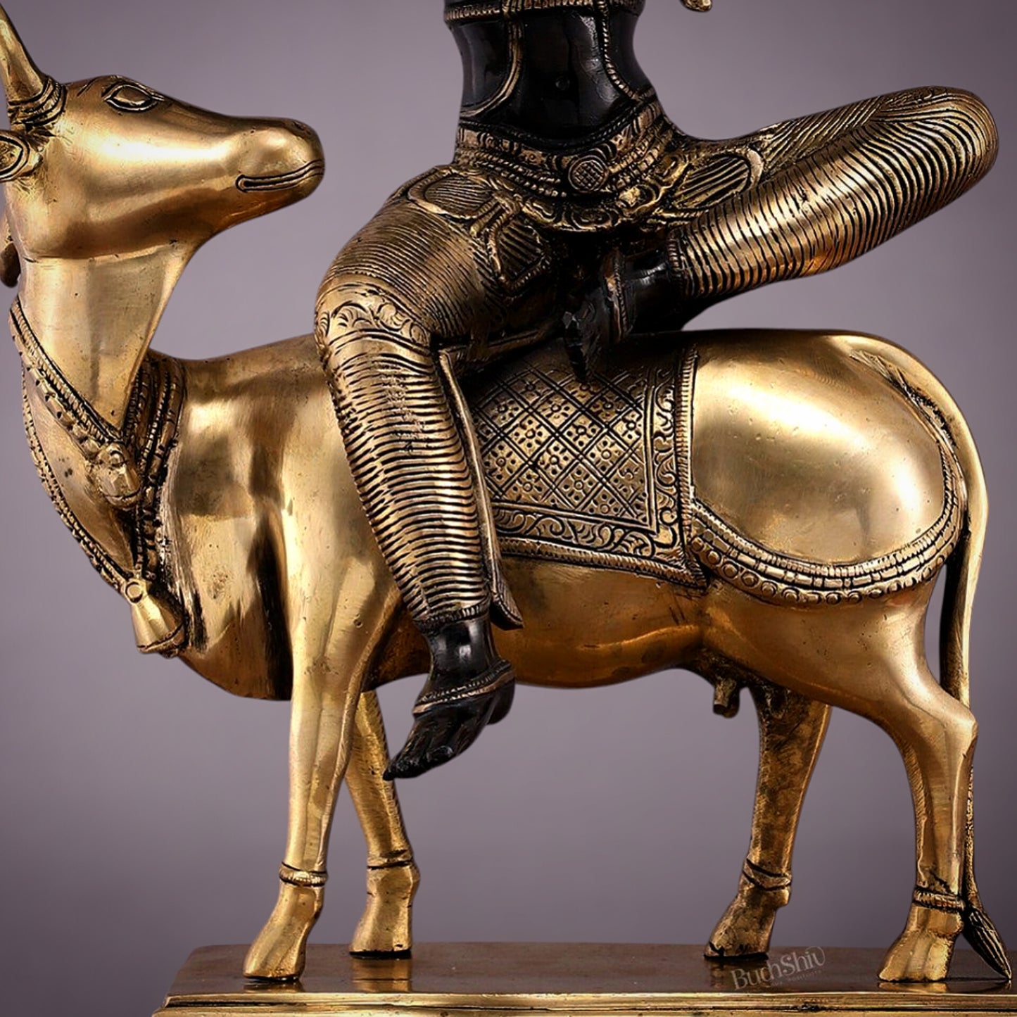 Brass Venugopal Krishna on Cow Statue - 21" Height with Black Gold Finish