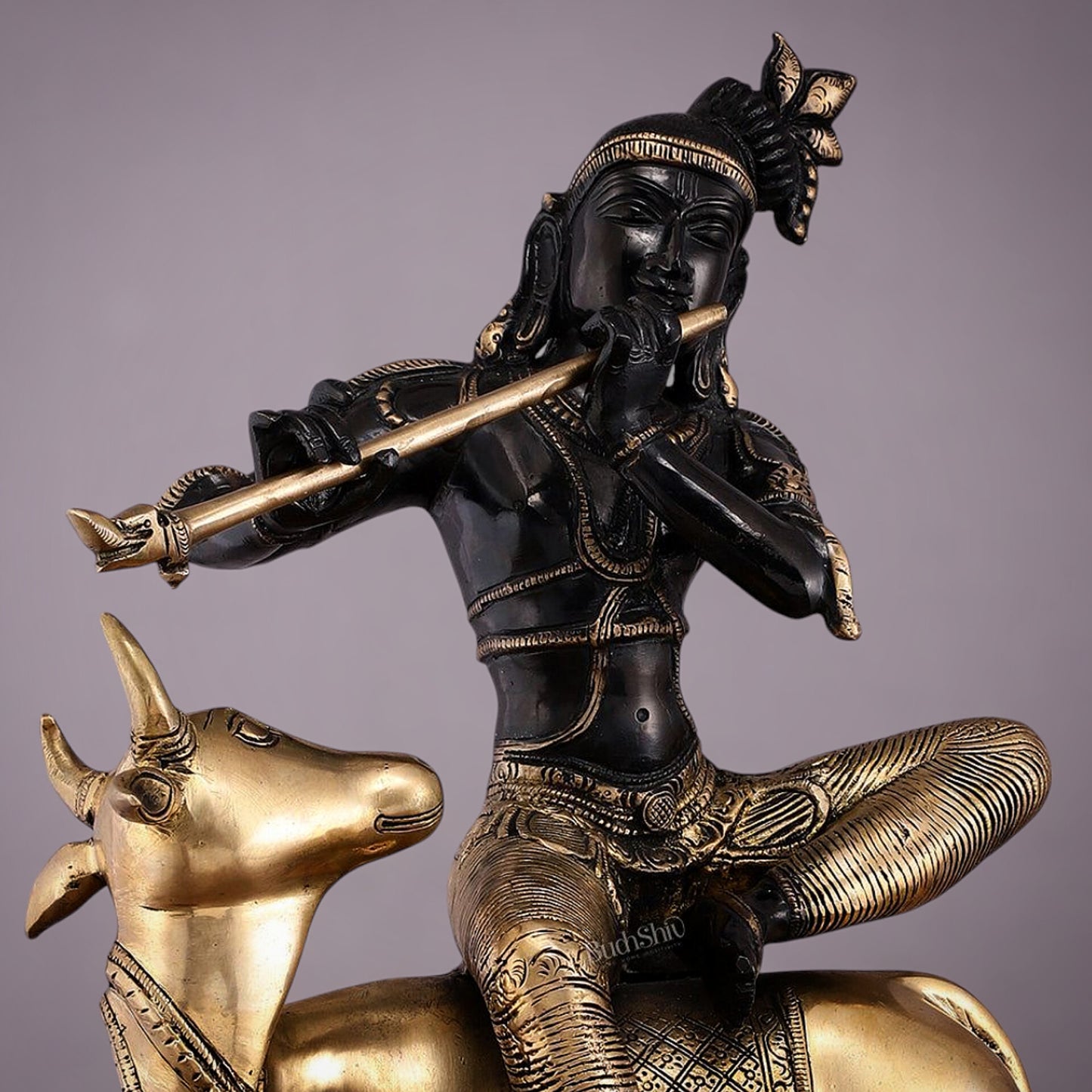 Brass Venugopal Krishna on Cow Statue - 21" Height with Black Gold Finish