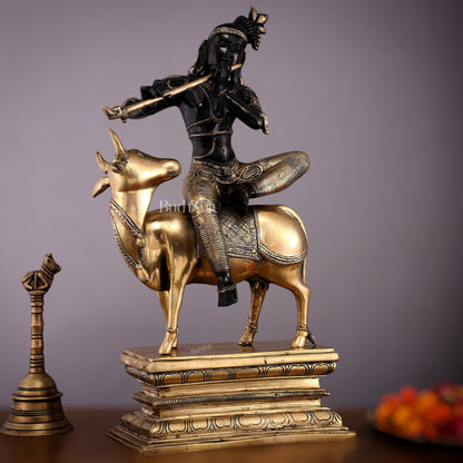 Brass Venugopal Krishna on Cow Statue - 21" Height with Black Gold Finish