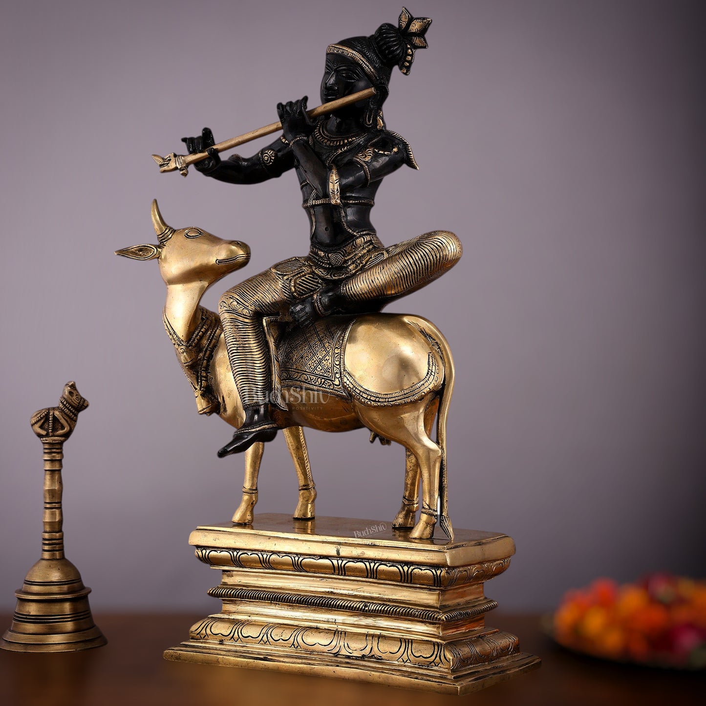 Brass Venugopal Krishna on Cow Statue - 21" Height with Black Gold Finish