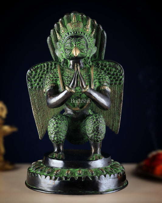 Pure Brass Unique Garuda Dev Statue (Black and Green Antique Tone) 17"